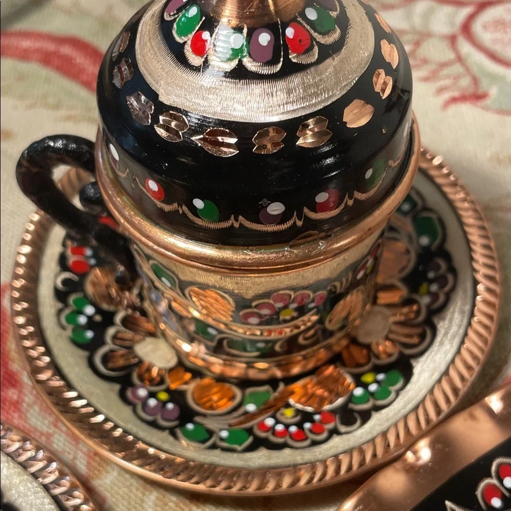 Handcrafted Copper Turkish Ceramic Coffee and Expresso Set with Tray